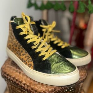 PM001 Leopard Print Sneakers with Metallic Green and Yellow Accents women sz 38